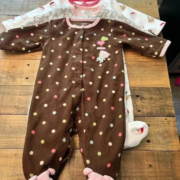 Three Fleece Footie Pajamas - Six Months - Picture 1 of 3